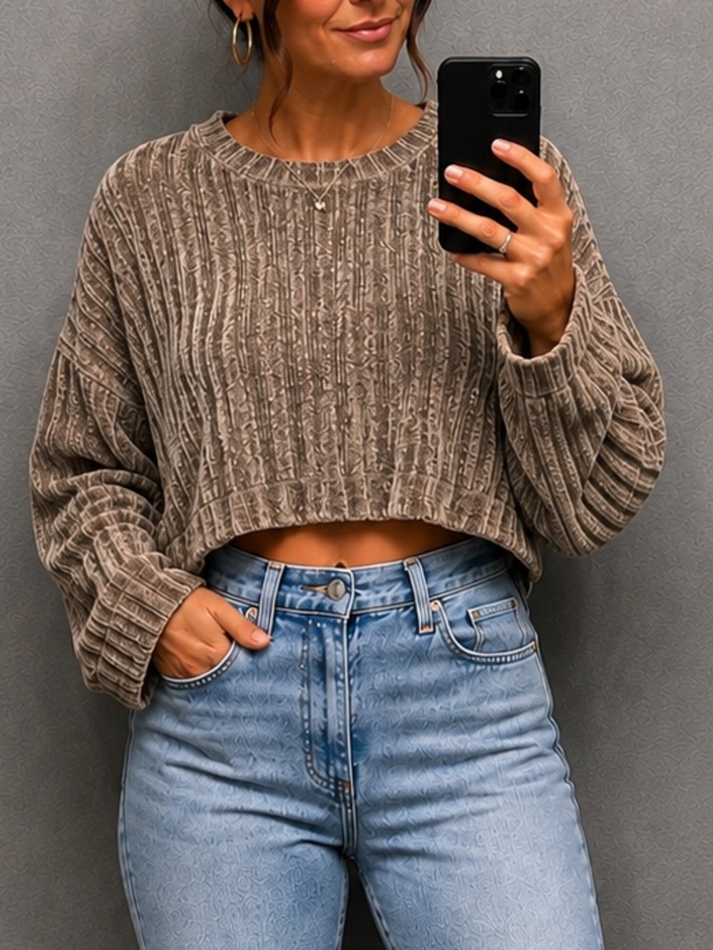 Hollister Ribbed Chenille Cropped Sweater Gray Size M